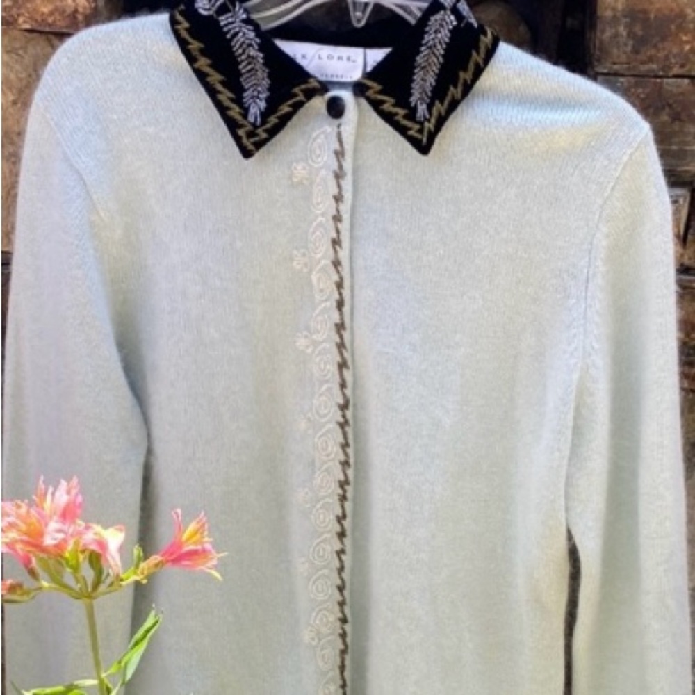 Vintage Elegant Light Blue Cardigan with Black Accents